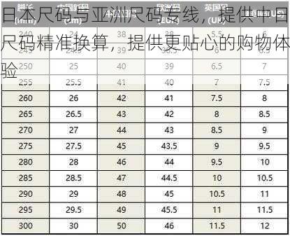 日本尺码与亚洲尺码专线，提供中日尺码精准换算，提供更贴心的购物体验